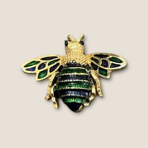 Vintage Sphinx Enamel Bee Brooch Pin 1.25" X 1" Gold Tone Green & Blue Insect Je
